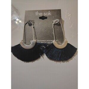 The Sak Silvertone Oval Pierced Hoop Earrings Blue Fringe NWT